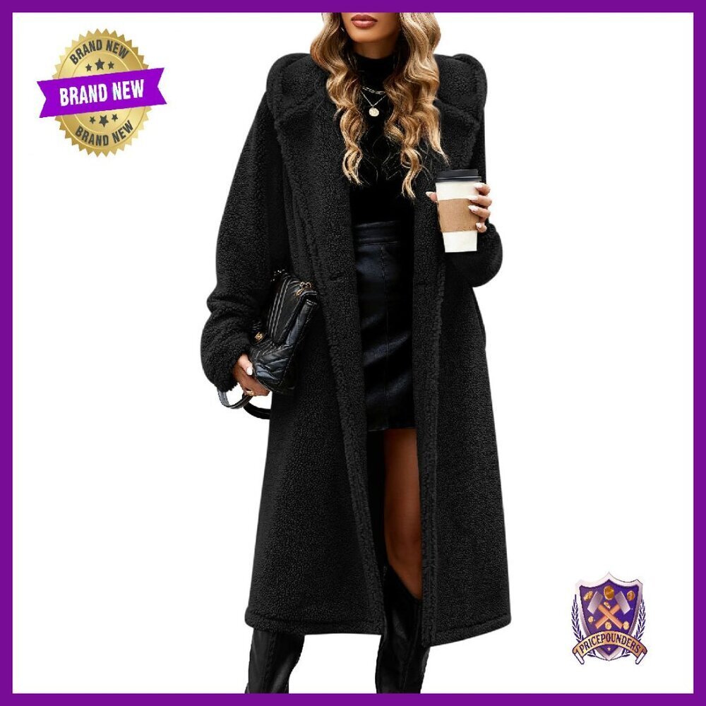 Oversized Fleece Hooded Coat with Faux Fur Trim and Pockets